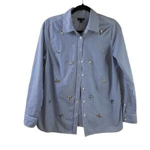 NWOT Talbots Blue White Striped Jeweled Long Sleeve Button Down Blouse S… | Poshmark