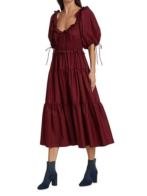 EN SAISON Puff Sleeve Tiered Cotton Midi-Dress | Saks Fifth Avenue