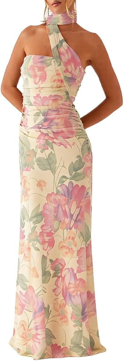 Women Strapless Tube Scarf Floral Maxi Dress Elegant Summer Ruched Prom Cocktail Party Dress Wedd... | Amazon (US)