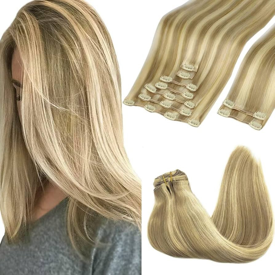 GOO GOO Clip in Hair Extensions Real Human Hair, Remy Human Hair Extensions Clip ins for Women, Natural Human Hair, 16inch 150g 9Pcs, 16/22 Light Blonde Highlighted Golden Blonde | Amazon (US)