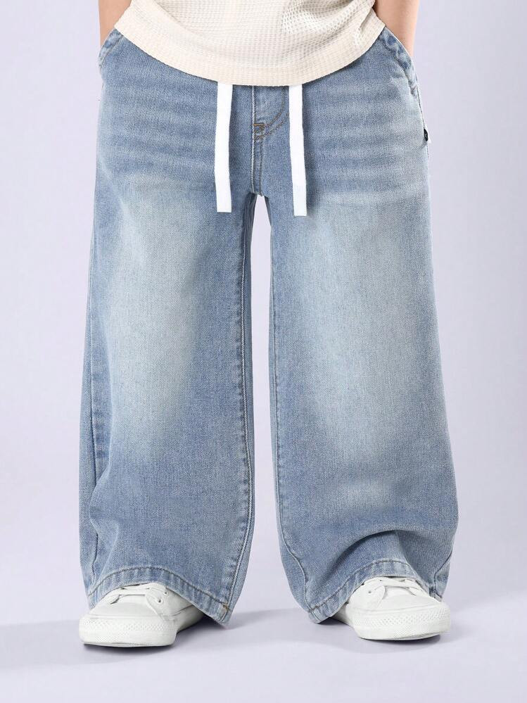 SUMWON Kids Wide Leg Pull On Jeans Relaxed Fit Casual Denim Bottoms High Waist Elastic Drawstring Comfort Everyday Wear Streetwear Fashion Pants Spring Fall Chic Outfits For Autumn/Winter Vacation | SHEIN