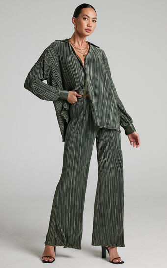 Beca Pants - High Waisted Plisse Flared Pants in Olive | Showpo (US, UK & Europe)