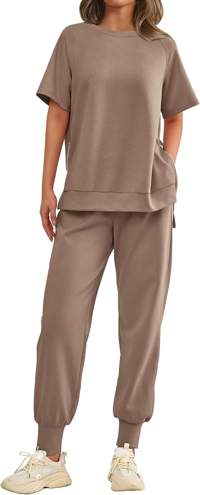 MASCOMODA 2 Piece Outfits for Women 2024 Summer Crewneck Short Sleeve Tops Long Sweatpant Casual ... | Amazon (US)