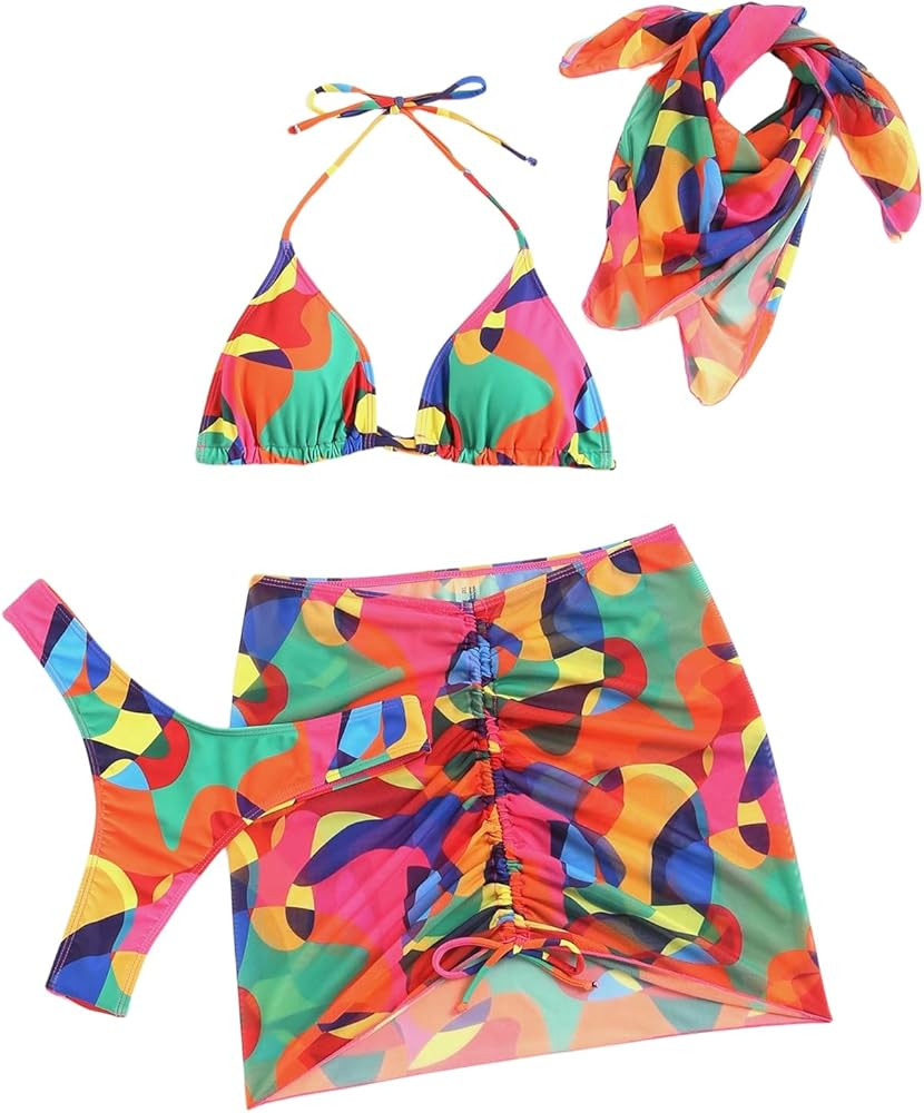 COZYEASE Women's 4 Piece Swimsuits Sexy Bikini Sets Triangle Bathing Suit with Mesh Cover Up Beac... | Amazon (US)
