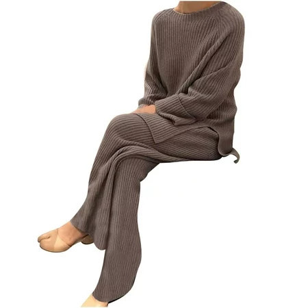 REALiKUN Women s 2 Piece Outfits Long Sleeve Knit Sweater Top Wide Leg Pants Lounge Sets Tracksuits Coffee XXL | Walmart (US)