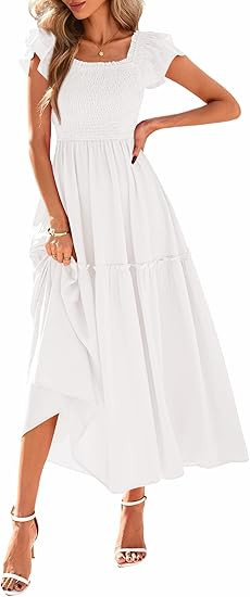 KIRUNDO Womens Summer Wedding Guest Dress 2025 Smocked Ruffle Flutter Short Sleeve Square Neck Fl... | Amazon (US)