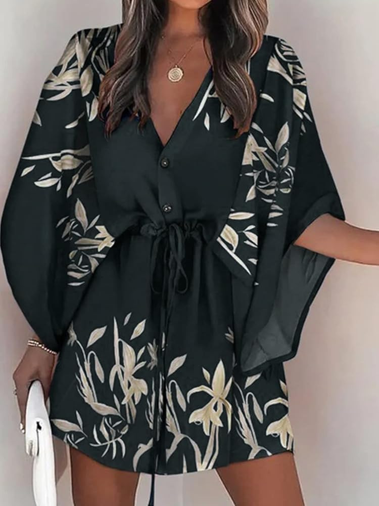 CUPSHE Women's V-Neck Flared Sleeve Elastic Waist Drawstring Loose Dress Button Down Floral Print Sh | Amazon (US)