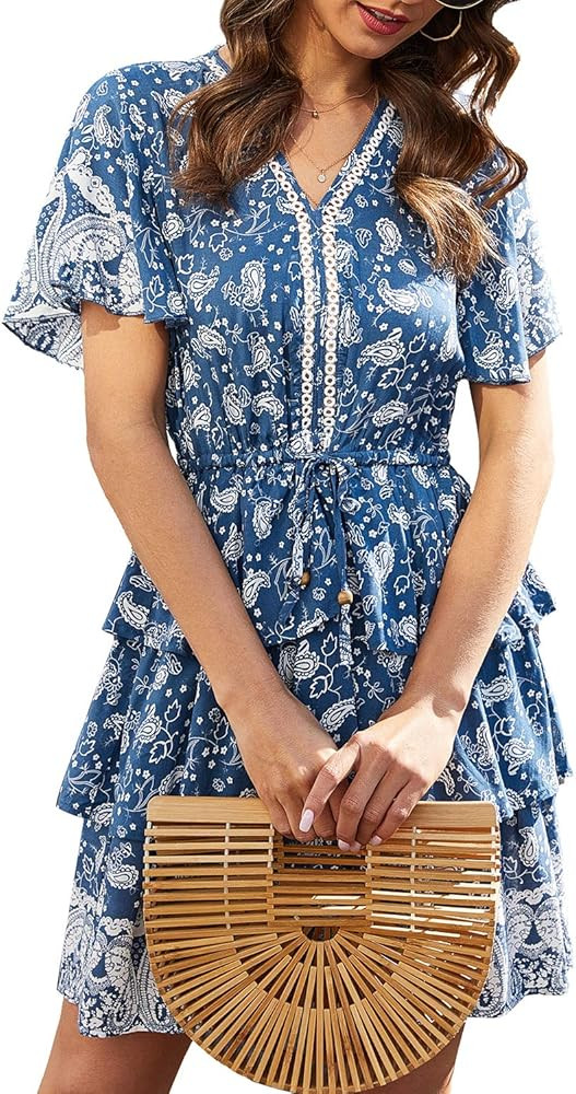 Women's Boho Floral Ruffle Mini Dress Sleeveless V Neck A-line Dress | Amazon (US)