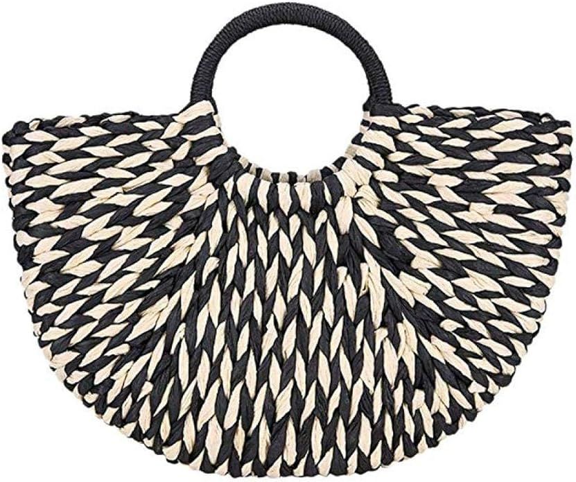 Straw Handbag, Women's Rattan Handbag Summer Beach Wattled Top Handle Bag Handwoven Tote Bag | Amazon (US)