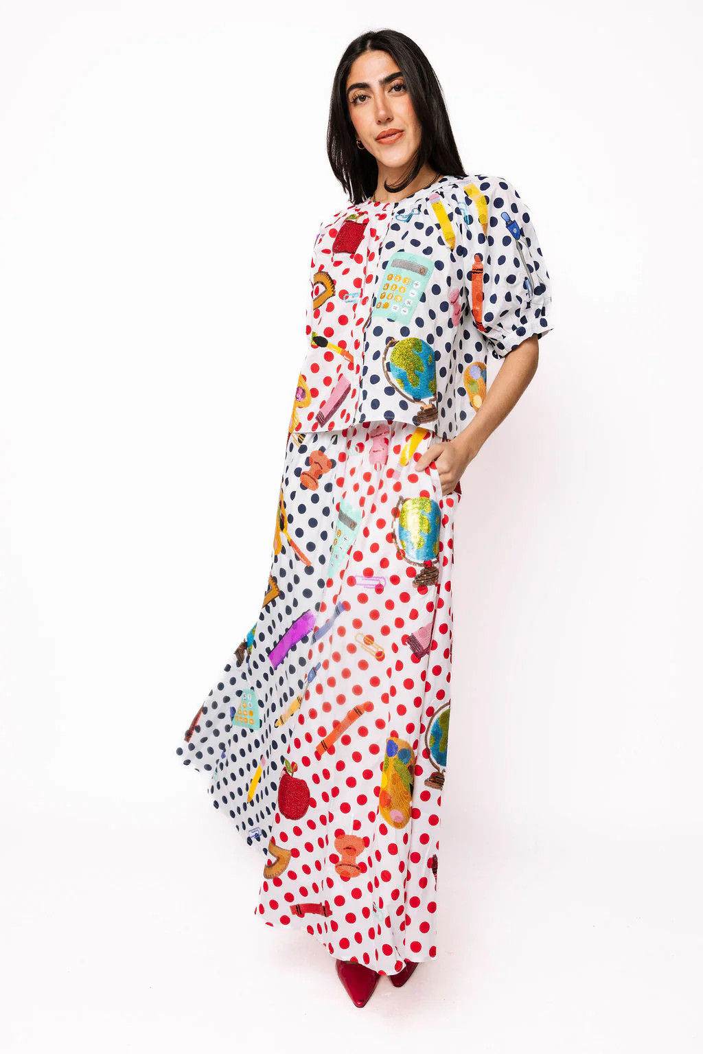 Colorful Polka Dot School Supplies Icon Midi Skirt | Queen of Sparkles