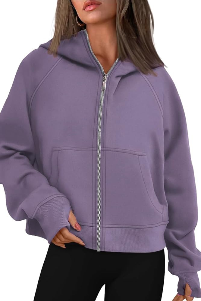 Womens Hoodies Full Zip Fleece Collar Sweatshirt Fall Long Sleeve Shirt with Tumb Hole | Amazon (US)