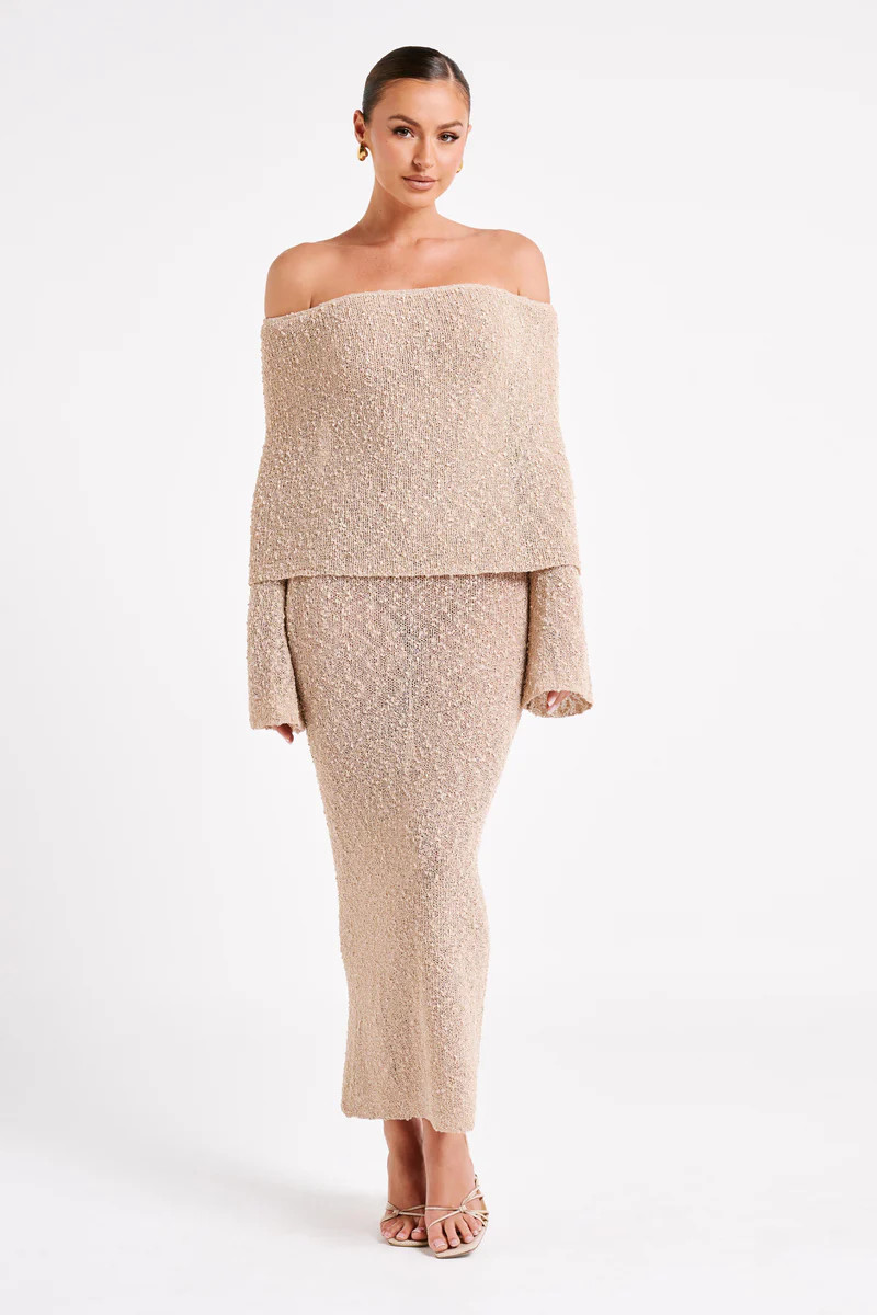 Marisol Off Shoulder Boucle Maxi Dress - Wheat | MESHKI US