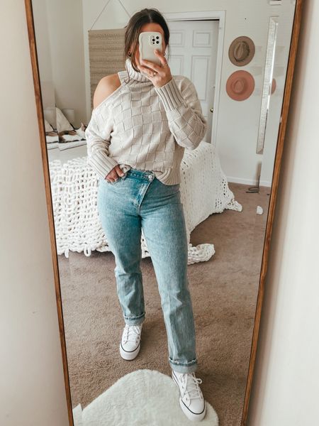 Spring transition sweater - cut out turtle neck sweater by ASTR the label - spring outfit - date outfit - work outfit - white high top converses - Abercrombie jeans 

#LTKFind #LTKworkwear #LTKSeasonal