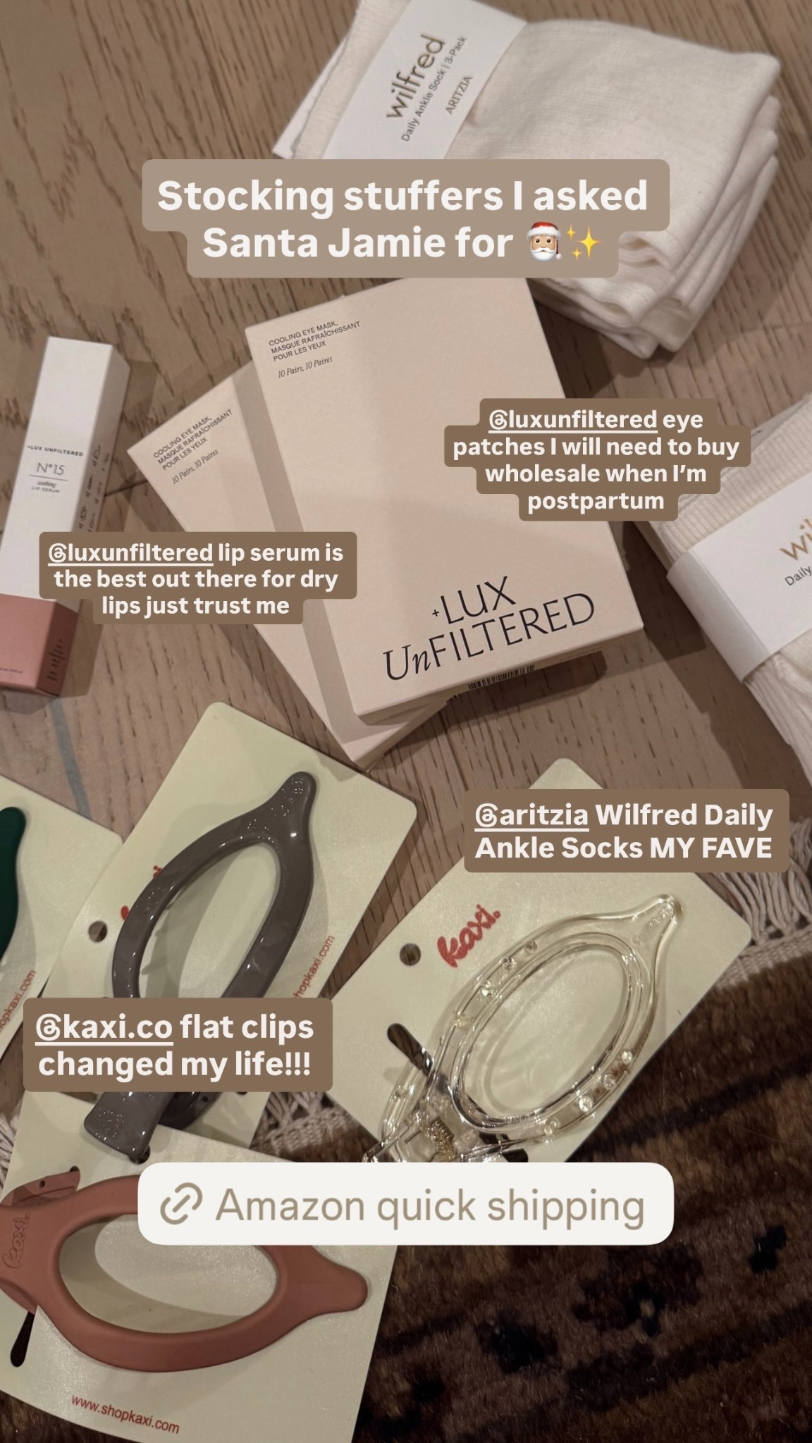 Stocking stuffers I asked Santa Jamie for 🎅🏼✨ @kaxi.co flat clips changed my life!!! @aritzia Wilfred Daily Ankle Socks MY FAVE @luxunfiltered lip serum is the best out there for dry lips just trust me  @luxunfiltered eye patches I will need to buy wholesale when I’m postpartum