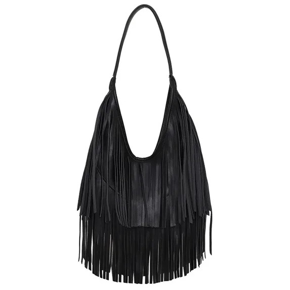 Akrzson Fringe Tote Bag for Women, Large Capacity Leather Shoulder Bag for Work, Black/Brown Hand... | Walmart (US)