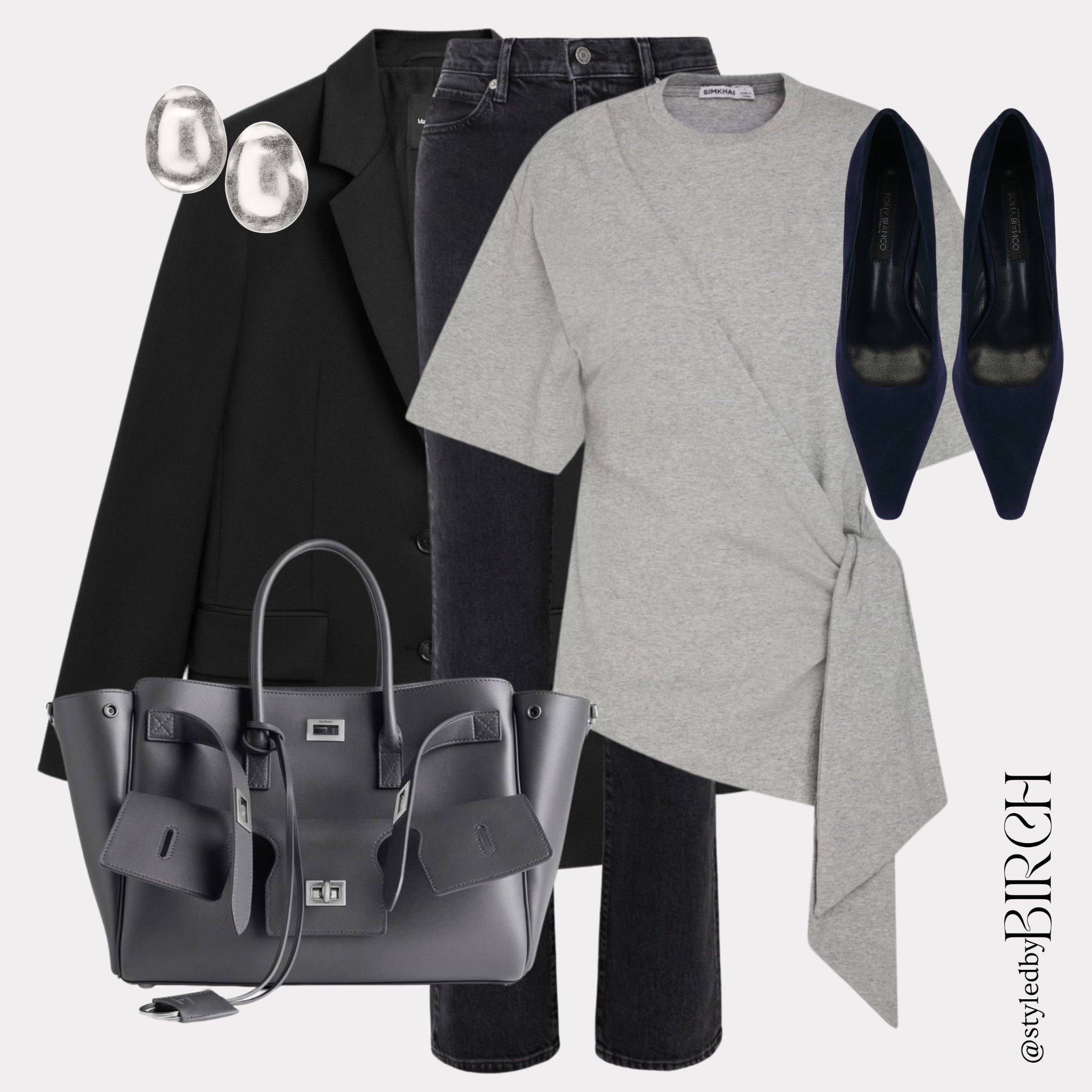 This outfit strikes the perfect balance between smart and stylish, making it ideal for the office and effortlessly polished for drinks with the girls after work💻🍷

BlA classic black tailored blazer, A grey asymmetric wrap-style tee, Black straight-leg jeans, Navy pointed-toe heels, A structured dark grey leather bag, Minimal silver drop studs

#LTKworkwear #LTKautumn #LTKwinter