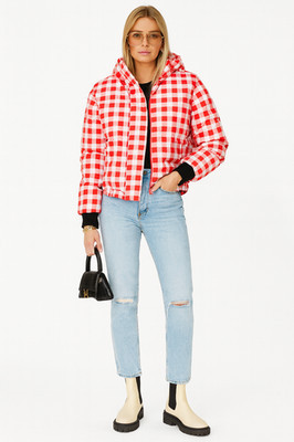 Women’s Red White Gingham Puffer Jacket Hooded Checkered Coat Winter Zip Up sz M | eBay US