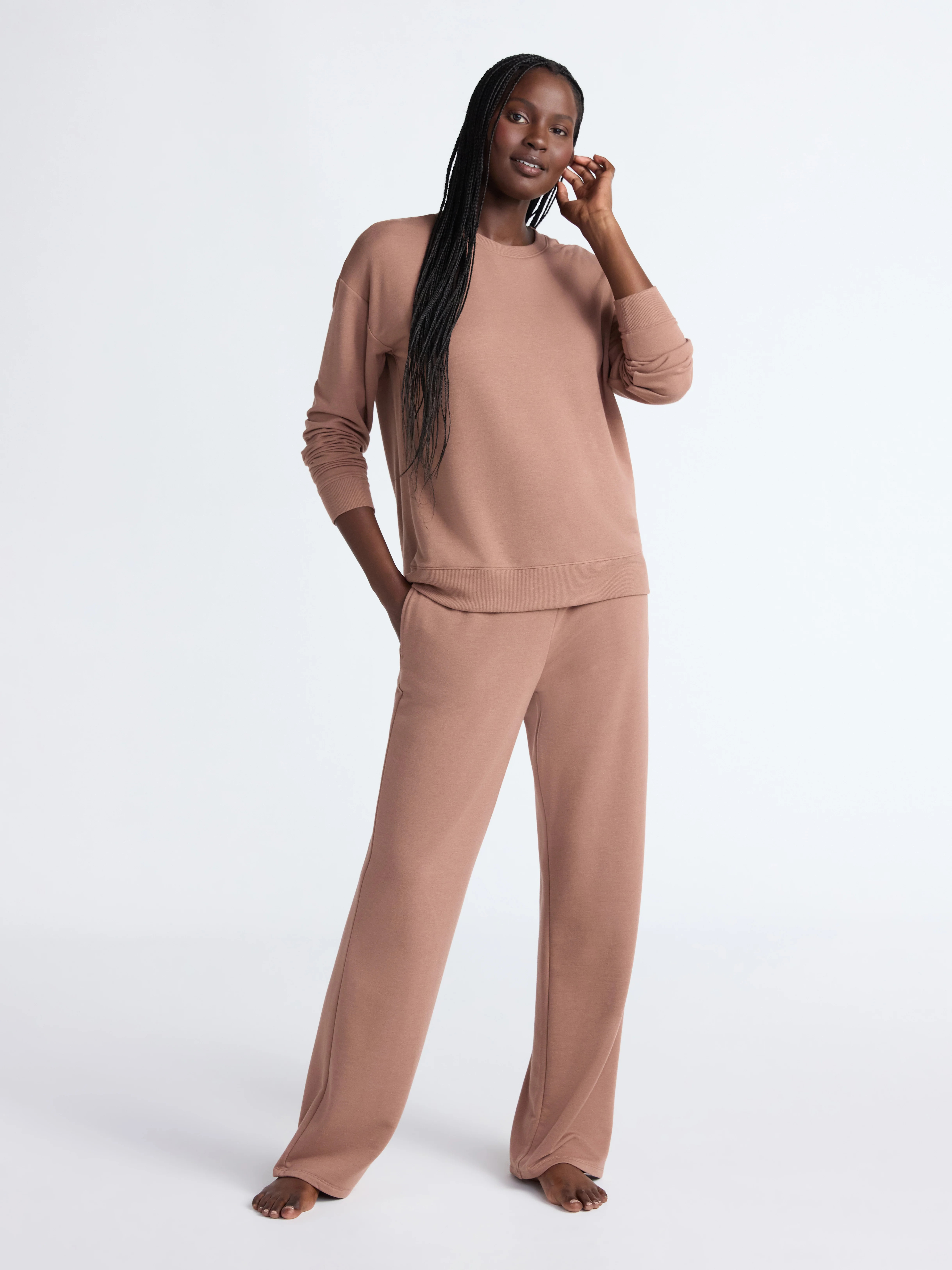 Joyspun Women's Fleece Long Sleeve Top and Straight Leg Pants Lounge Set, 2-Piece, Sizes XS-3X | Walmart (US)