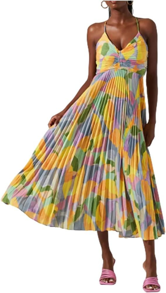 Sexy V-Neck Pleated Print Dress with Straps,Spaghetti Strap High Waist Boho Criss Cross Backless ... | Amazon (US)