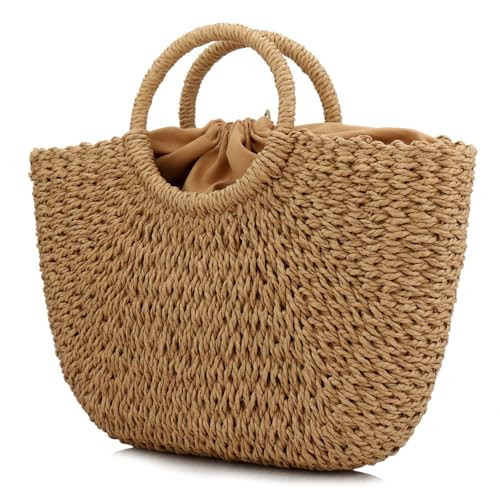 Large Tote Bag Straw Bag Woven Stripes Retro Summer Beach Bag Straw Bags for Women Hand-woven Round Handle (Brown) | Amazon (UK)