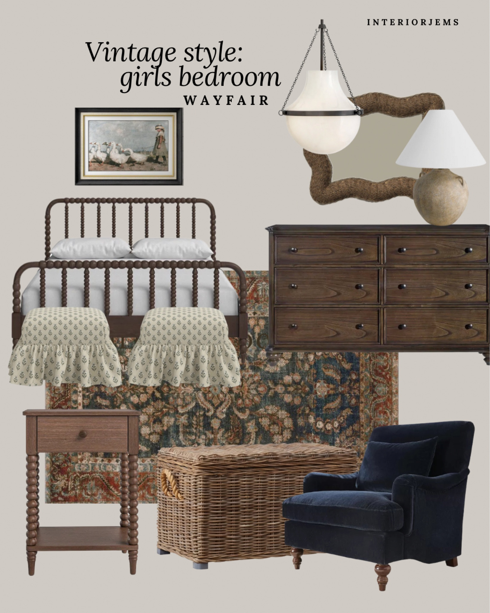 Vintage style girls bedroom, get the lock, accent chair, wicker, trunk, ruffled Ottomans, brown dresser, neutral table, lamp, pendant light Loloi rug 

#LTKStyleTip #LTKHome #LTKSaleAlert