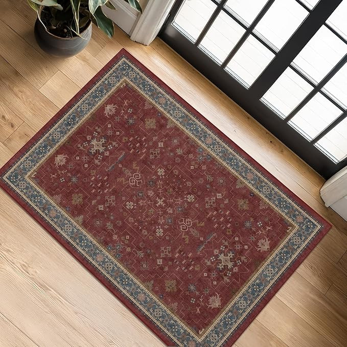 Burgundy 2x3 Washable Rugs for Entryway Indoor, Boho Kitchen Rug for Floor, Bathroom, Doormat Ind... | Amazon (US)