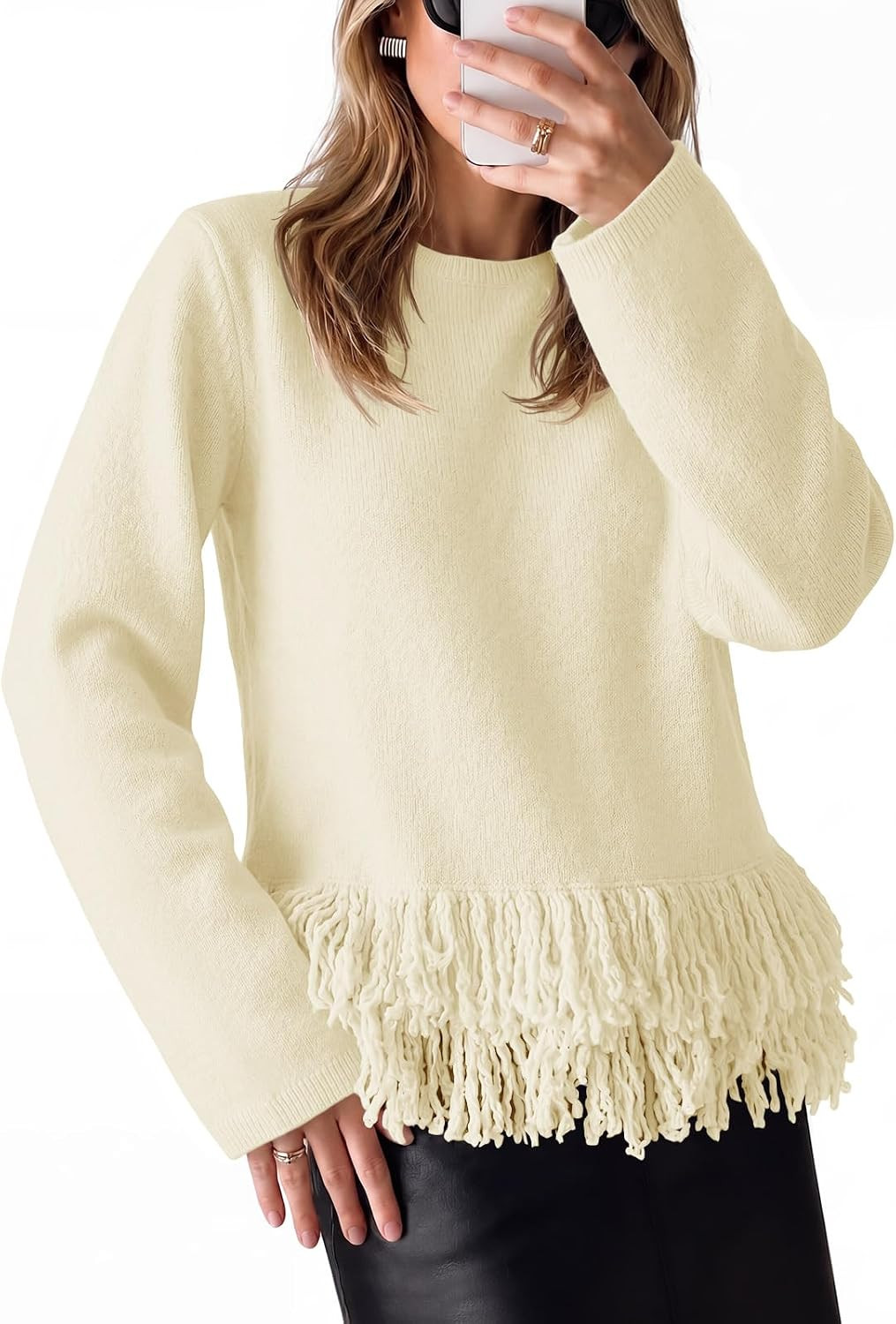 Saodimallsu Womens Fringe Sweater 2026 Fall Crew Neck Boho Pullover Tops | Amazon (US)