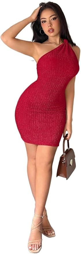 Women's 2024 Summer Sexy Bodycon Short Dress Solid Color One Shoulder Dress | Amazon (US)