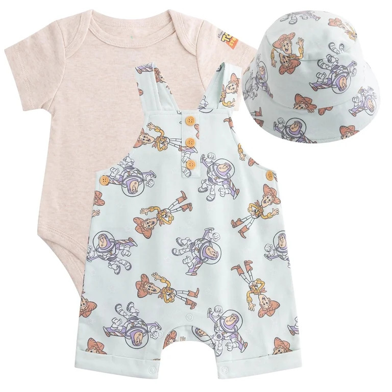 Disney Toy Story Shortall French Terry Overalls Bodysuit and Bucket Hat (Baby Boys), 3 Piece Set,... | Walmart (US)