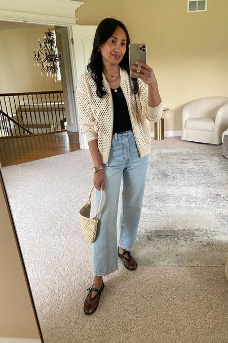 Open knit bomber jacket is a great lightweight layer for summer. Date night outfit. True to size. Also comes in black. 
Tank top true to size and is an all time favorite style. 
Jeans also an all time favorite style. I size up. 
Mesh shoes. Mesh flats. Designer inspired look for less. Trendy and chic. True to size. 


#LTKStyleTip #LTKFindsUnder50 #LTKFindsUnder100