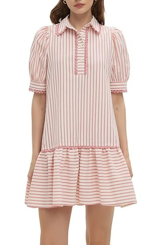 EZAPINE Women Striped Shirt Dress Summer Button Down Collared Short Puff Sleeve Ruffle Hem Casual Flowy Mini Dress | Amazon (US)
