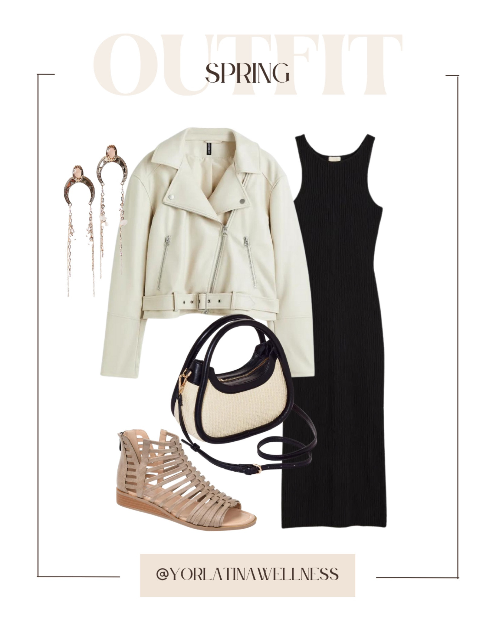 Target & H & M affordable spring outfit. Target finds, H & M spring outfit. Boho chic outfit, casual affordable outfit, trendy outfit, cream biker jacket, black dress, cream & black nurse, gladiator sandals, free people earrings.

#LTKSeasonal #LTKstyletip #LTKunder100