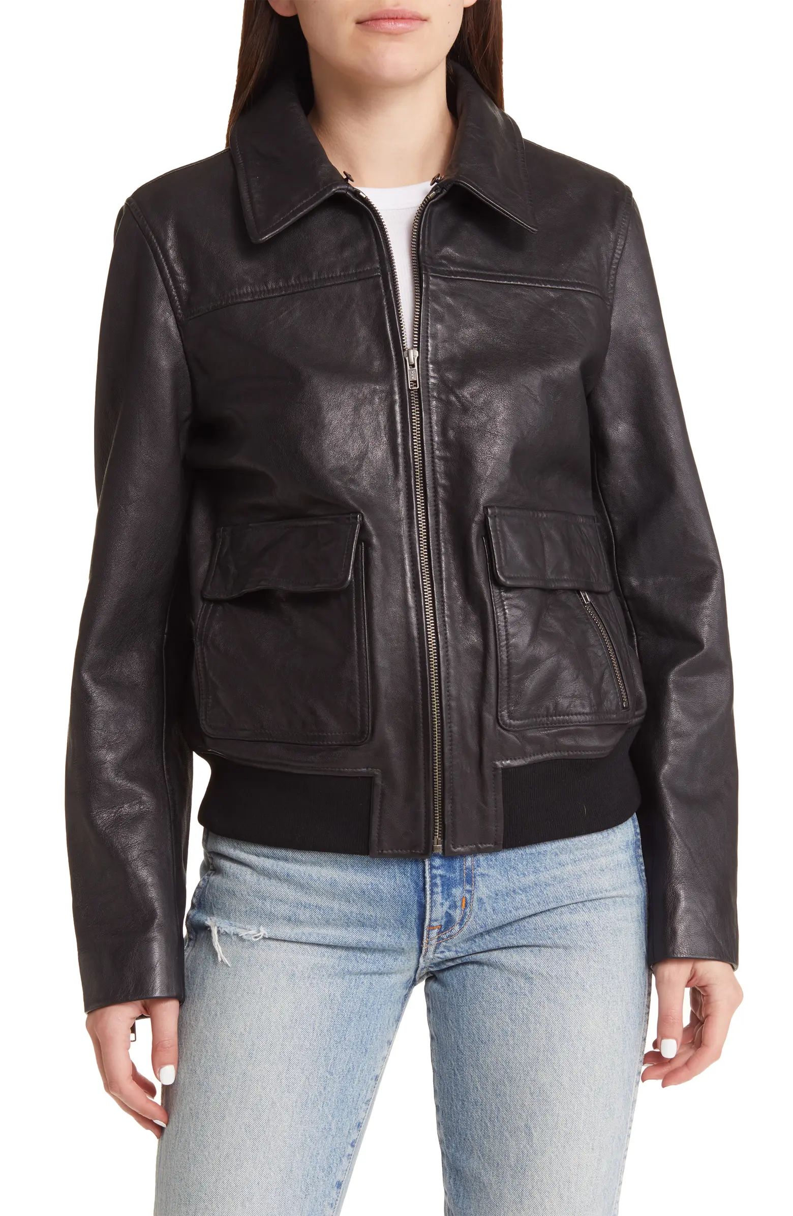 Treasure & Bond Leather Bomber Jacket with Removable Faux Shearling Trim | Nordstrom | Nordstrom