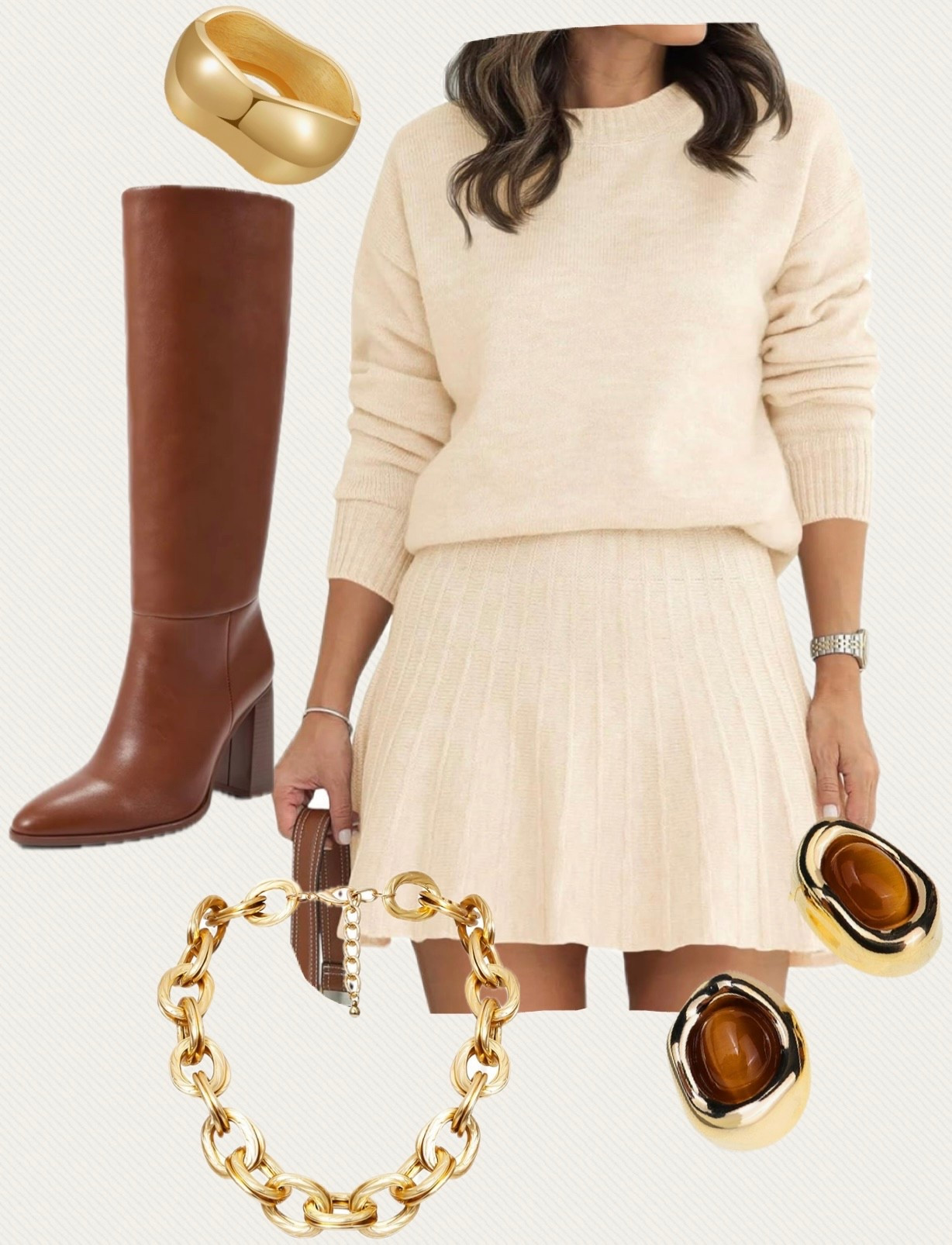 Amazon fall outfit idea! Sweater set/ knee high boots, gold jewelry/ brown earrings 