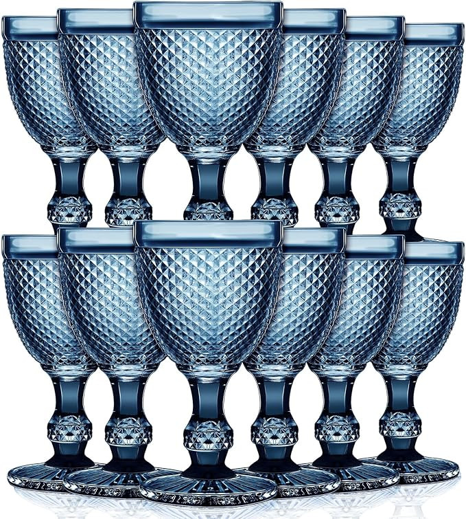 Bokon 12 Pack Blue Glass Goblets Set 10 oz High Clear Wine Glass Vintage Water Goblets Cups Embos... | Amazon (US)