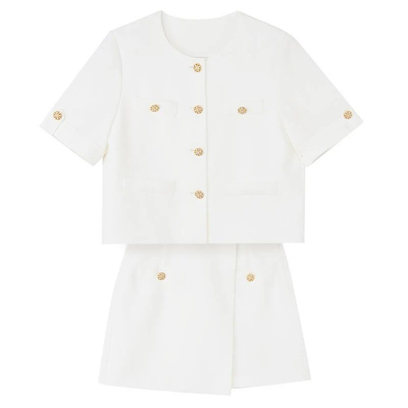 White Acetate Blazer And Shorts Two-Piece Suit | GOELIA