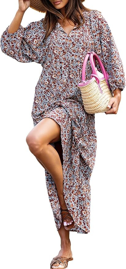 miduo Womens Loose Fit Casual Summer V Neck Half Sleeve Bohemian Geometric Pattern Maxi Long Dres... | Amazon (US)
