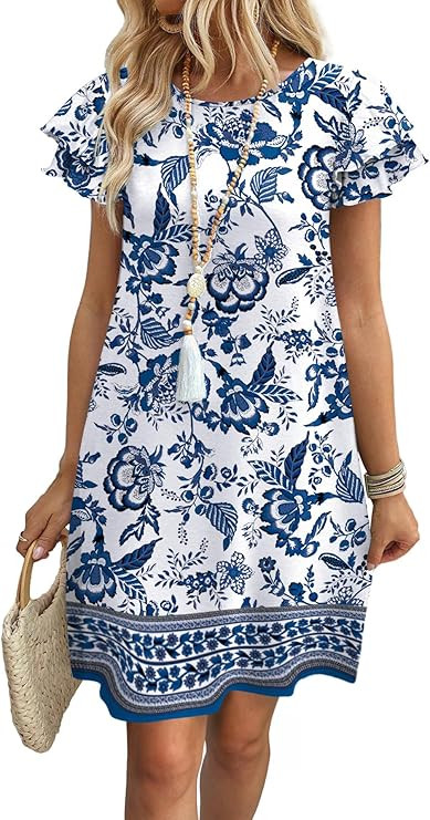 OFEEFAN Womens Summer Dresses 2026 Ruffle Sleeve Round Neck Loose Swing Sundresses with Pockets P... | Amazon (US)