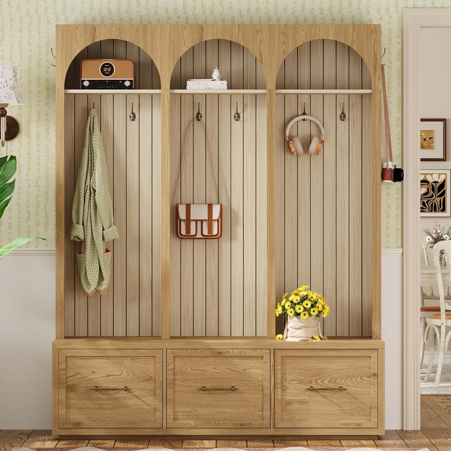 Merax Farmhouse Wood Hall Tree with Shoe Bench and 3 Drawers, Natural | Amazon (US)