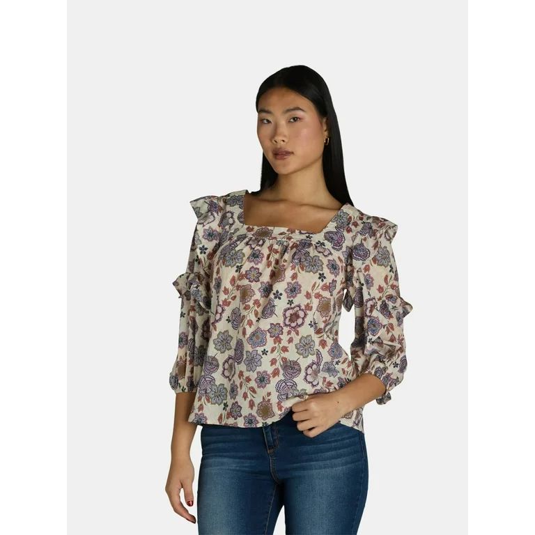 The Pioneer Woman Cotton Square Neck Blouse with Ruffle Sleeves, Women’s, Sizes XS-3X | Walmart (US)