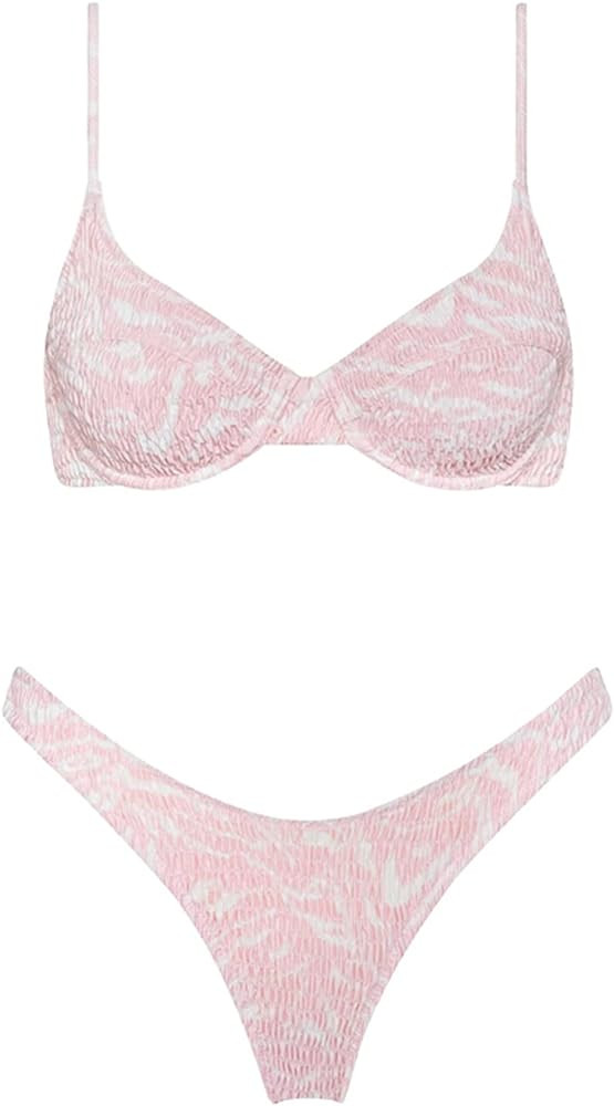VOLAFA Women's Push Up Swimsuit Triangle Bikini Elastic Smocked Ruched Two Piece Bathing Suit | Amazon (US)