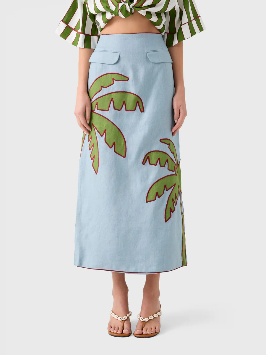Farm Rio Women's Embroidered Palm Tree Linen Maxi Skirt | Saint Bernard