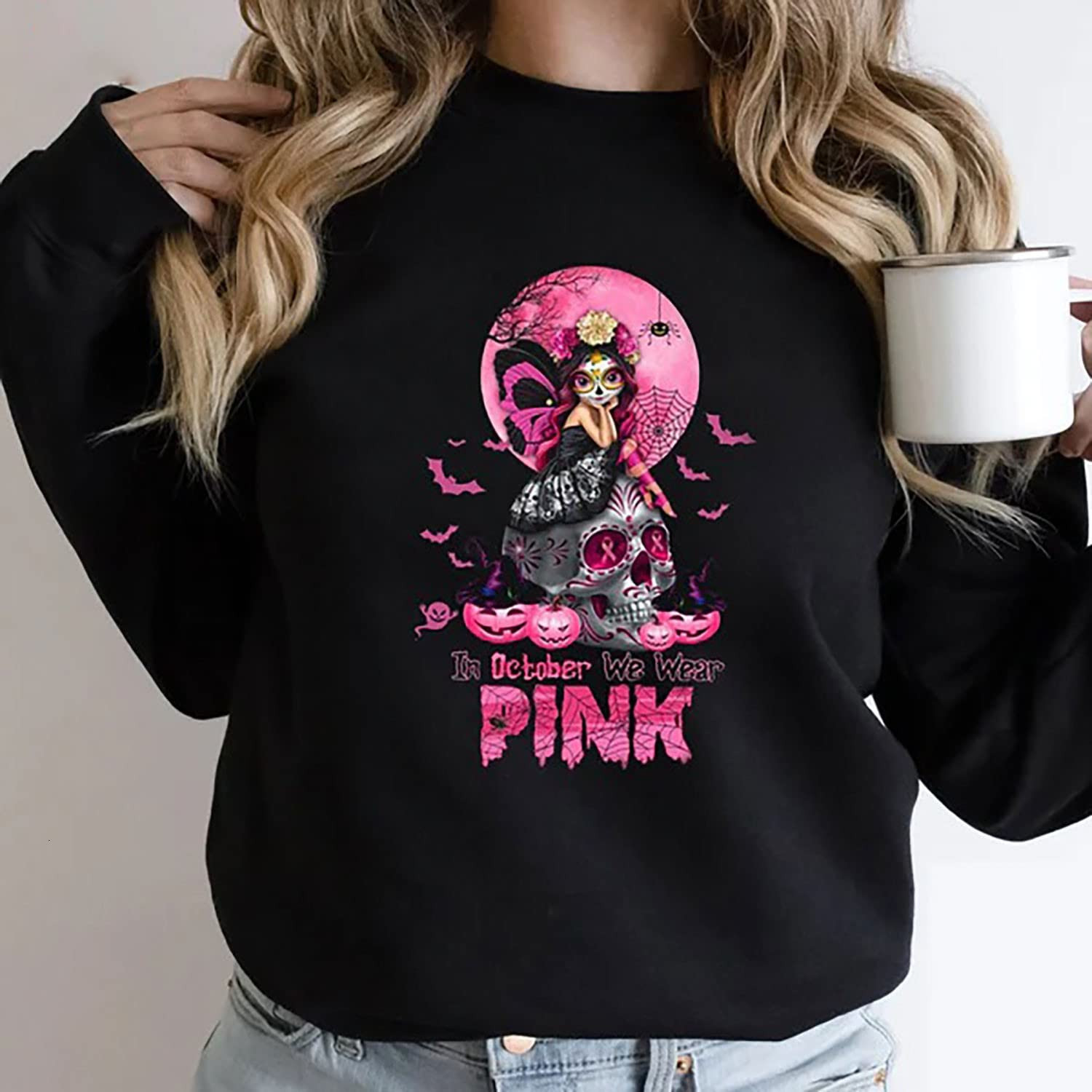 In October We Wear Pink Skull Halloween Awareness Sweatshirt, Breast Cancer Halloween Pumpkin Shirt, | Amazon (US)