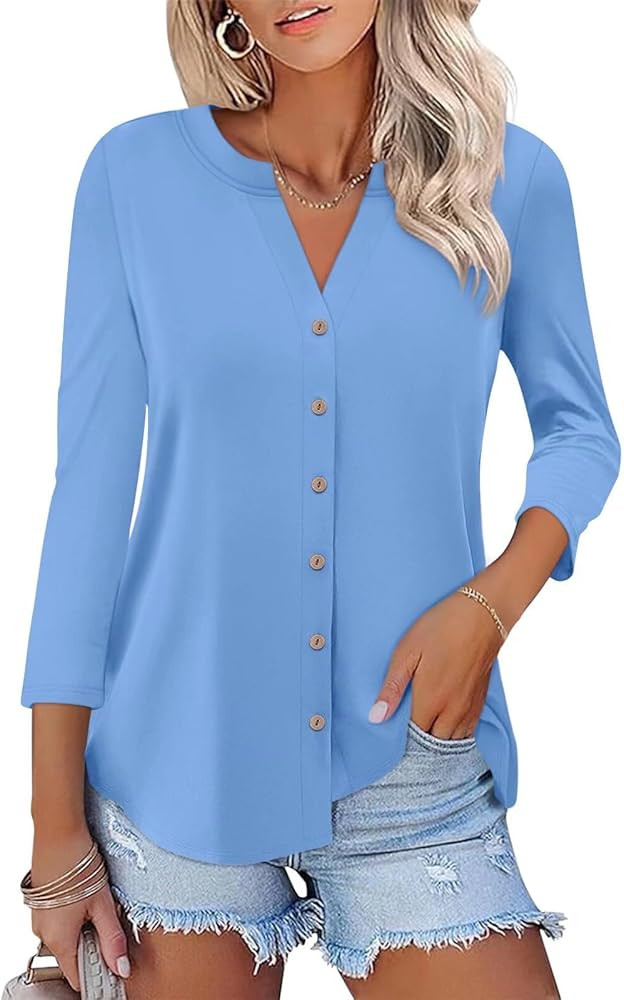 ORANDESIGNE Women's Button Down T Shirts 3/4 Sleeve V Neck Tops Casual Summer Ladies Tees | Amazon (US)