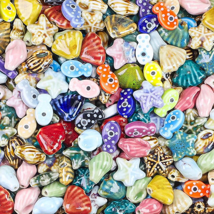 50pcs Assorted Ceramic Ocean Sea Shell Beads for Jewelry Making, Porcelain Summer Fish Beads for ... | Amazon (US)