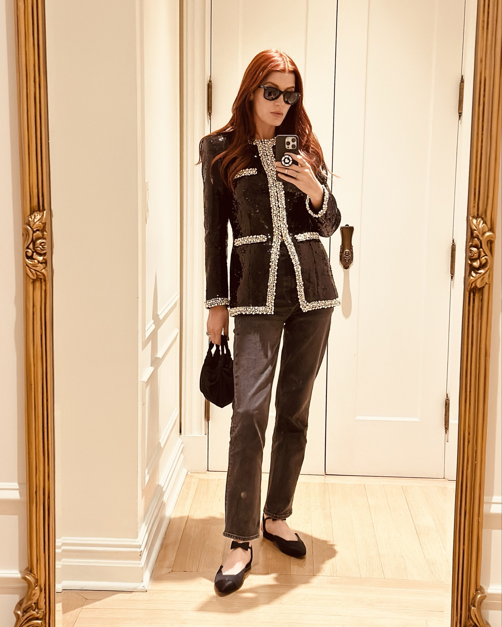 Obsessed with my new sequin Chanel inspired blazer 😁
Wore it with the matching skirt this morning and swapped to jeans for shopping. 
My jeans you need to size down- they stretch out.
The jacket I’m wearing is a size 2 and fits well. I’m genuinely obsessed with this piece- the jacket splits in the front for a very cool girl look and the jewels are high quality. 10/10 on this one! 

#LTKWorkwear #LTKParties #LTKU