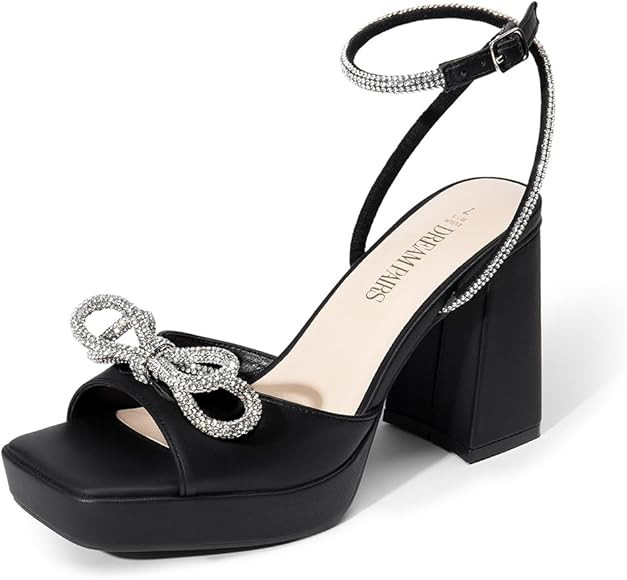 DREAM PAIRS Women's Double Bowknots Platform Chunky Heels Rhinestone High Square Toe Dress Sandal... | Amazon (US)