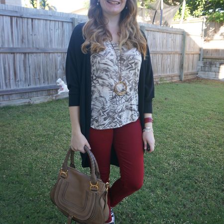 Burgundy Jeanswest jeans with my Sass and Bide printed tank and cosy black cocoon cardigan for a day in the office. Got my Chloe Marcie bag out again, I like the neutrals with the red jeans.

#LTKwinter #LTKworkwear #LTKaustralia