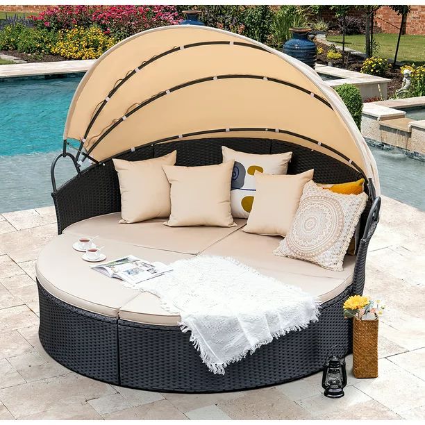 Homall Outdoor Daybed with Retractable Canopy Sectional Rattan Round Bed for Patio, Black & Beige... | Walmart (US)