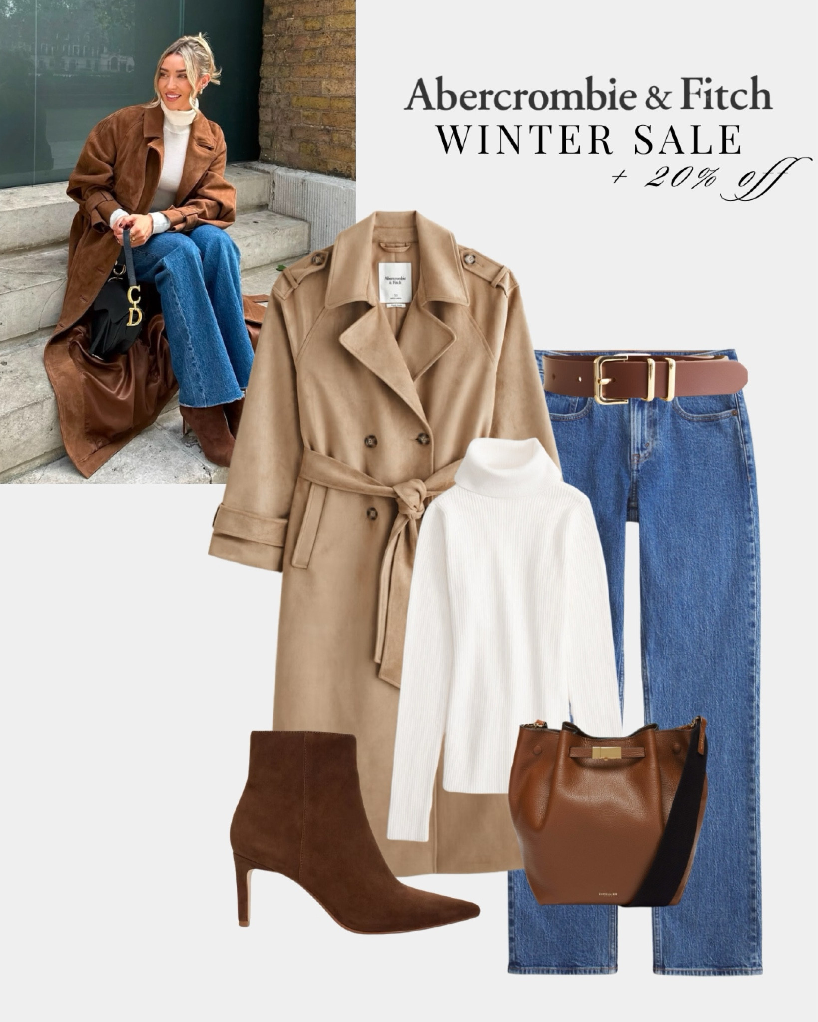 Recreate one of my favourite 2024 looks with the Abercrombie Winter Sale ❄️🚨 up to 40% off PLUS extra 20% off! Suede trench coat, dark marble jeans and tan accessories - Demellier bag in the sale too!

#LTKstyletip #LTKsale #LTKwinter